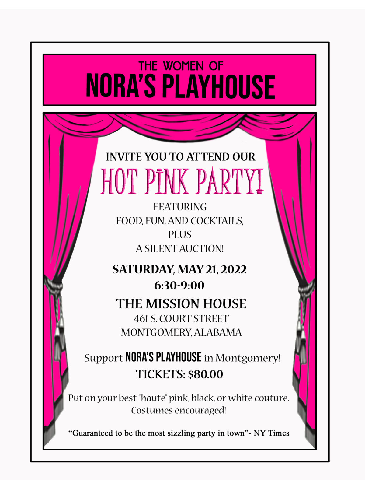 drawing of hot pink stage curtains on a white background with text in black and hot pink inviting people to Nora's Playhouse's Hot Pink Party on 5/21 in Montgomery AL