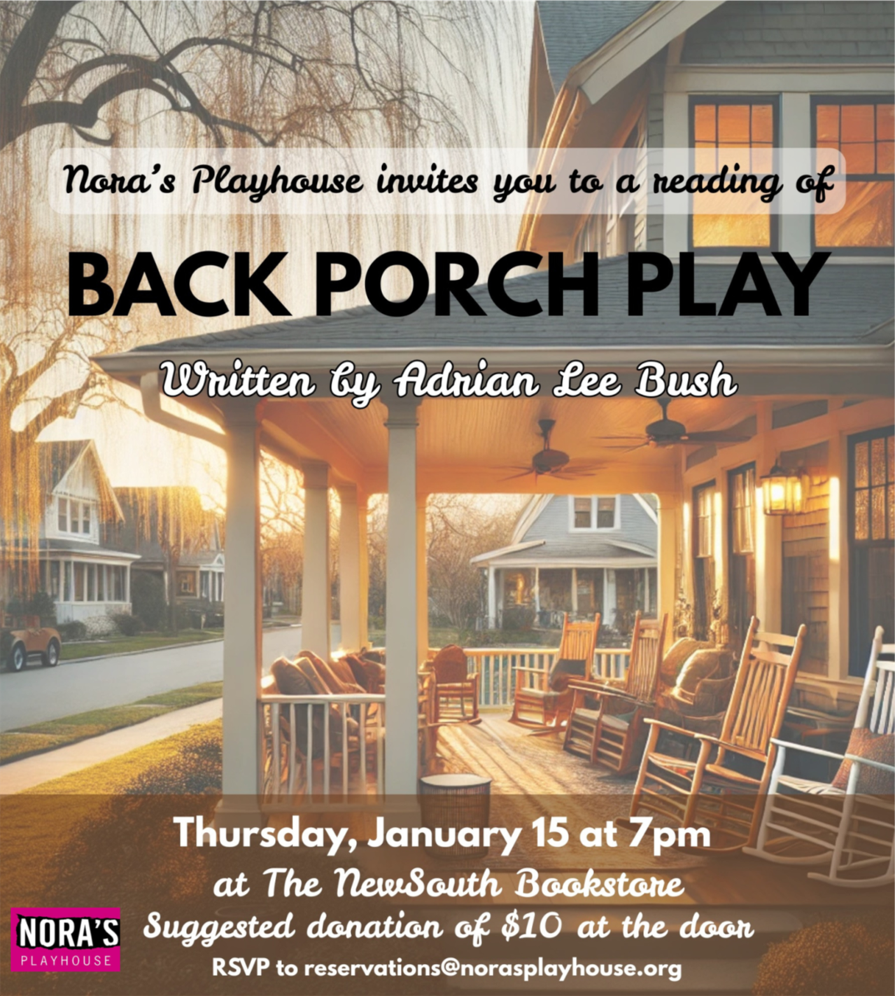 It appears to be sunset in a suburban neighborhood. We see a covered, open porch on a clapboard house with several empty rocking chairs on it. Ceiling fans are turning overhead.